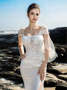 HEARBOBO 露背系带巴洛克新娘礼服，优雅美人鱼婚纱 - 白色 - 查看 2