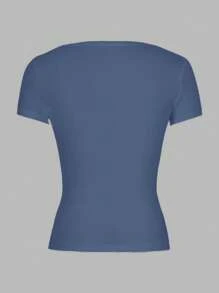 女士休闲纯色短袖 T 恤 - 牛仔藍 - 查看 8