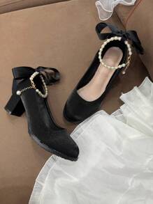 Tacones gruesos elegantes con decoración de cristales y perlas para niña, talla grande, adecuados para vestidos formales y ocasiones, con correa de tobillo ajustable