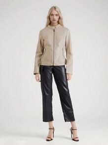 Fashionable Solid Color Front Zipper Cropped Jacket, Spring/Autumn