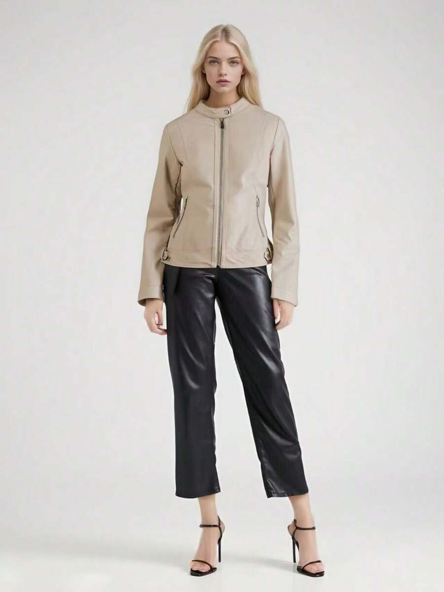 Fashionable Solid Color Front Zipper Cropped Jacket, Spring/Autumn