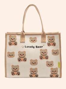 1pc Portable Canvas Mummy Bag, Versatile Large Capacity Mummy Diaper Bag, Cartoon Cute Bear Print Handbag, Casual Commuter Tote