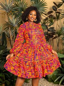 Faeriesty 加上别致的中长连衣裙，小圆领，长喇叭袖，和充满活力的几何印花 - 非常适合热带海滩派对，夏季度假装和度假（轻盈和不分季节的设计）夏季连衣裙春季服装 - 橘色 - 查看 6