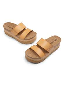 Women Vacation 1.96-Inch Platform Slides Sandals Deep Heel Cup Comfortable Arch Support Footbed Two Strap EVA Sole Beach Fashion Wedge Sandals Slippers Shoes - 淺棕色 - 查看 7