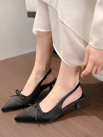女士丝绸材质高端尖头蝴蝶结装饰踝带高跟鞋，欧美风格，四季新款时尚优雅百搭通勤日常高跟鞋