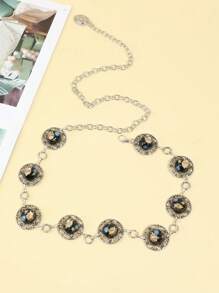 1 pieza Falda/Jeans de denim con estampado en relieve de círculo calado con cadena para la cintura, diseño nuevo en color plateado - Plateado - Ver 6