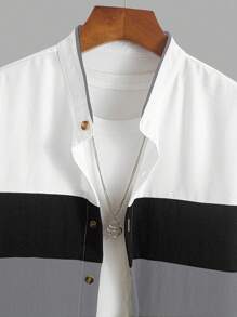 2 件套男士休闲时尚服装，短袖衬衫和纯色抽绳短裤，拼色设计，舒适服装