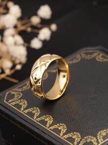 1 件钻石网格宽钛钢戒指，金色/银色，时尚个性化，适合女性，日常佩戴和派对礼物 - 菱格紋寬版戒指 - 查看 10