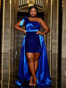 Faeriesty Vestido de fiesta de satén y lentejuelas con escote asimétrico, talla grande, vestido de noche formal, adecuado para cena formal, invitado de boda - azul real - Ver 4