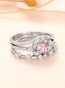 3pcs/Set Exquisite Y2K Pink Zirconia Rings Female Elegant Accessories For Engagement Gold Color/Silver Color Party Wedding Jewelry - Ring Set - View 9