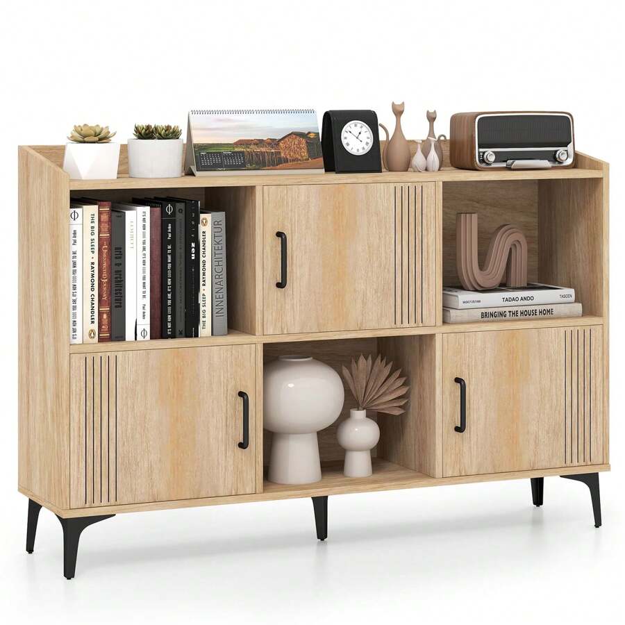 Sideboard Storage Cabinet Bookcase With 3 Doors & Open Compartments - 卡其色 - 查看 1