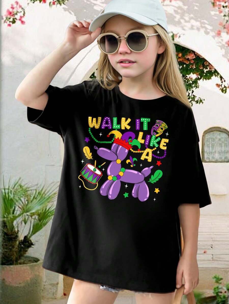 Kids Mardi Gras T-Shirt Balloon Dog Tee For Boys Girls Carnival Party Outfit Cute Graphic Toddler Youth T-Shirt Festive Holiday Apparel Boys' Girls' Short Sleeve Tee Children's Mardi Gras Costume Kids' Carnival Clothes - Black - View 1