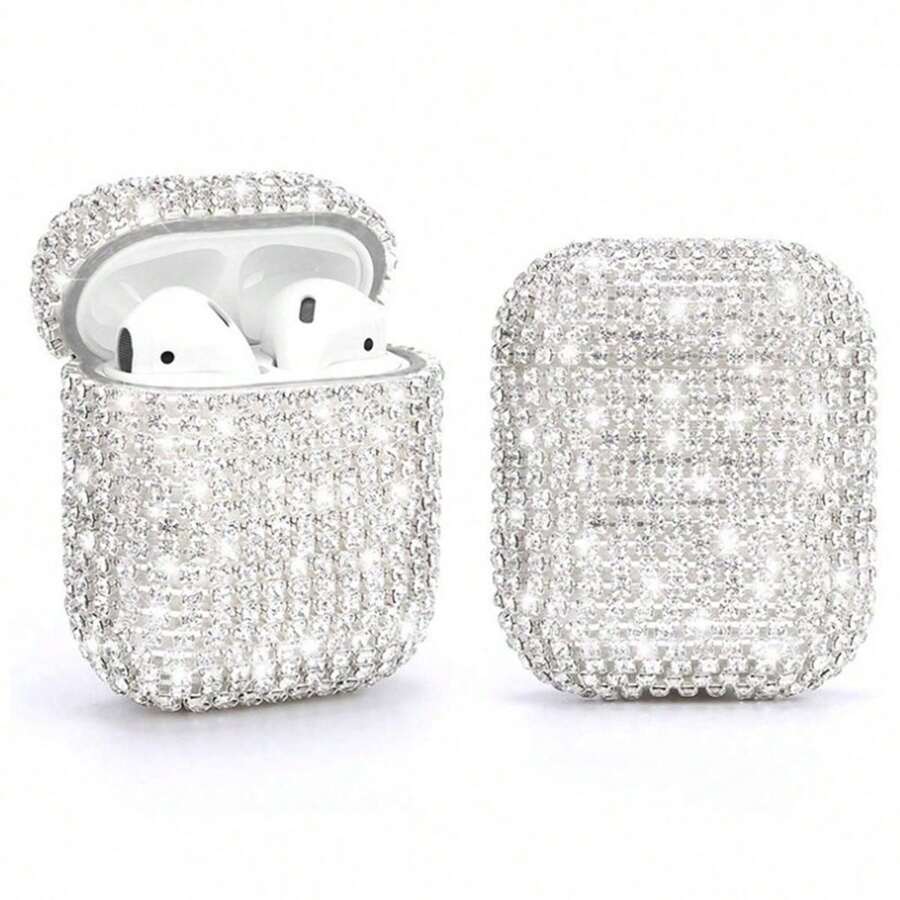 Estuche de lujo de 1 pieza de cristal de strass plateado compatible con AirPods de iPhone, funda protectora con cristales brillantes compatible con AirPods 1/2/3/4/Pro/Pro 2 y elegante estuche para auriculares Bluetooth, regalo perfecto para adolescentes y adultos jóvenes