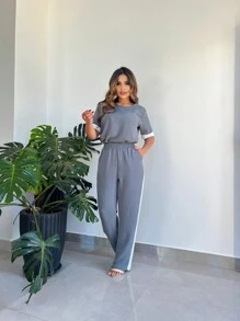 Conjunto Feminino Calça Pantalona e blusa manga curta Verão - Cinza - Visão 3
