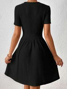 Vestido línea A unicolor ,vestidos elegantes para mujer moda,vestidos de manga corta de fiesta para mujer sexy,casual salir elegante elástico moda ropa - Negro - Ver 2