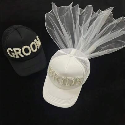 2件套婚礼装饰新娘/新郎白色仿珍珠可调节棒球头纱套装婚礼订婚蜜月旅行妻子礼物单身派对新娘送礼会