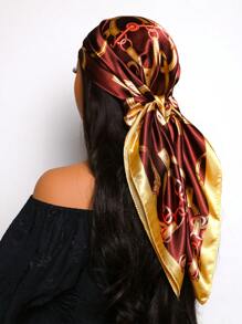 1pc Women Elegant Vintage Chain Pattern 90cm Square Scarf, Versatile Bandana Suitable For Casual And Street Style Outfit, Can Be Used As Scarf, Headband, Head Wrap