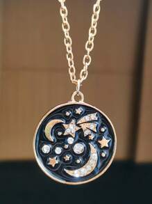 1pc Vintage Metal Coin & Rhinestone Decor Galaxy Pendant Necklace, Suitable For Women, Daily And Party Wear - Gold - View 8
