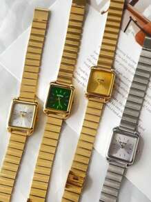 sottas 1pc 新款方形金色小绿表女简约大气韩版时尚休闲百搭小众轻奢精致钢带石英表 - 均碼 - 查看 12