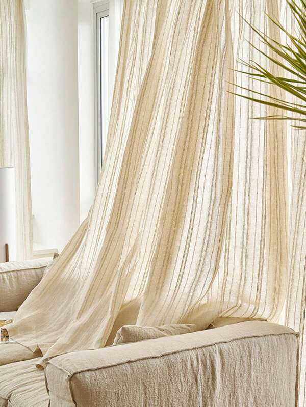 2 Peças Cortinas Transparentes Modernas Japonesas de Linho com Listras Verticais, Cor de Madeira Natural, Estúdio de Yoga, Sala de Chá, Sala de Jantar, Hotel, Sala de Estar, Varanda