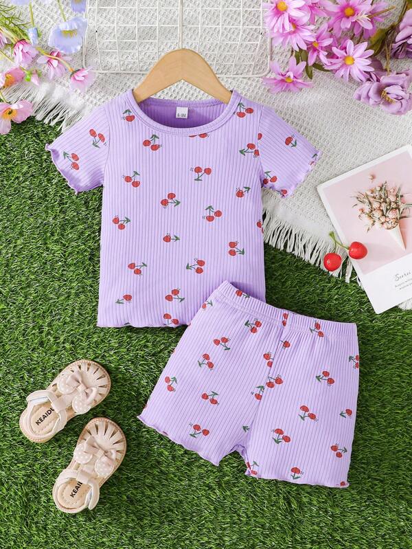 2pcs/Set Baby Girls Cute Casual Summer Cherry Print Ribbed Round Neck Short Sleeve T-Shirt And Shorts Set