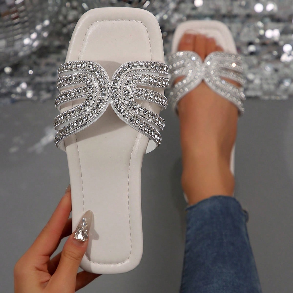 Sandalias slip-on minimalistas con adornos de punta cuadrada para mujeres, ropa de playa para vacaciones de verano
