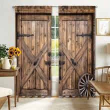 2 Pieces Of Simulated Wooden Door Handle Wheel Print Curtain 3D Digital Print Shade Curtain Retro Pasture Wood Pattern Suitable For Living Room Bedroom Study Dining Room HD Printing Soft Light Adjustment Four Seasons Universal Easy To Clean Anti-Fading Heat Insulation To Create A Romantic Atmosphere To Enhance Home Taste For Wardrobe Dust - Sprout Green - View 2