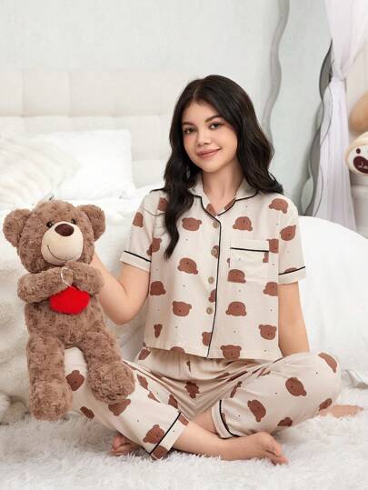 Teen Girl 2pcs Soft Cute Brown Bear Graphic Pants & Button Front Top Home Set