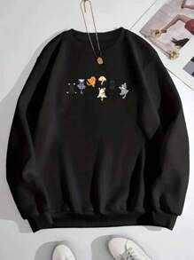 Women's Cute Printed Sweatshirt, Round Neck, Comfortable, 100% Cotton - 黑色 - 查看 1