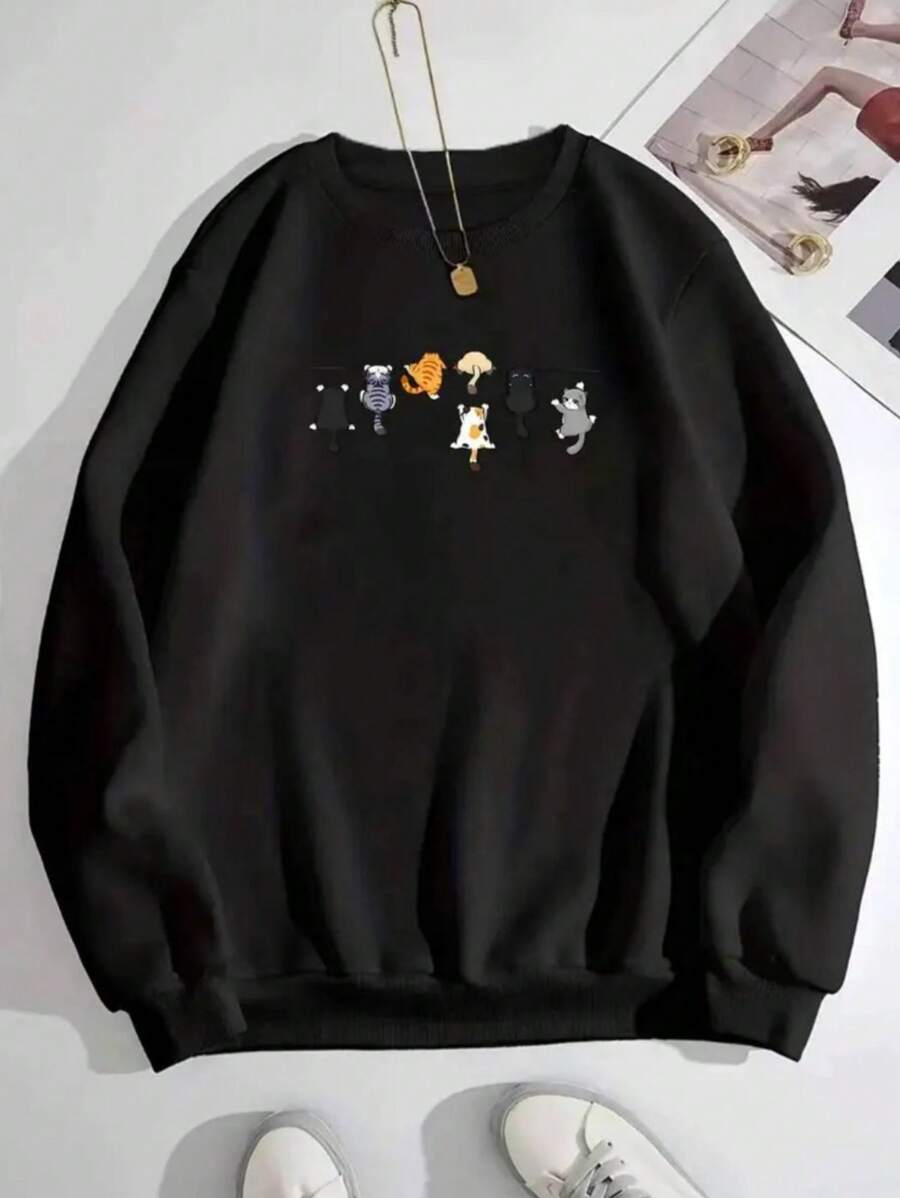 Women's Cute Printed Sweatshirt, Round Neck, Comfortable, 100% Cotton - 黑色 - 查看 1