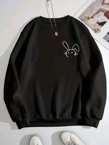 Rabbit Print Sweatshirt 100% Cotton Comfortable Winter Sweater - 黑色 - 查看 1