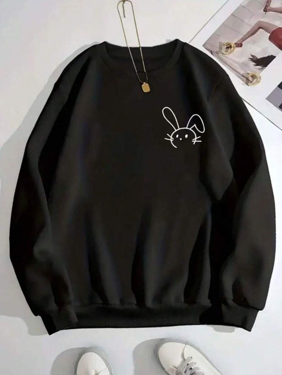 Rabbit Print Sweatshirt 100% Cotton Comfortable Winter Sweater - 黑色 - 查看 1