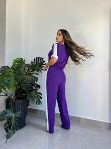 Women's Set: Palazzo Pants And Short-Sleeved Top Summer - 紫色 - 查看 3