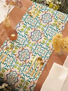 1 pieza Camino de mesa de lino con estampado floral geométrico bohemio pintado a mano, adecuado para días festivos, fiestas, cumpleaños, cenas, decoración de mesa de comedor, cocina, gabinete, decoración de habitación para todas las estaciones