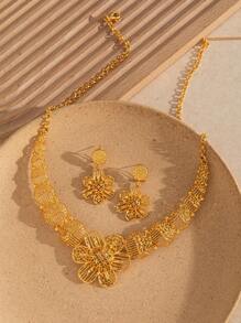 3pcs/Set 24K Gold Dubai Style Women's Fashion Jewelry, Saudi Arabia Star & Moon Necklace Set
