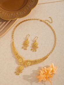 3pcs/Set 24K Gold Women Dubai Jewelry Fashion Necklace With Star & Moon Pendant, Saudi Arabia Style