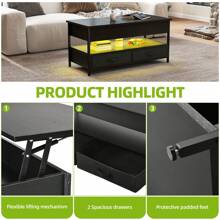 Lift Top Coffee Table, Wood Lifting Table Tea With Storage Shelf, Coffee Tables For Living Room With 2 Drawers And 16 Colors LED Light Strip,106 * 50 * 51.5cm - Black - View 4
