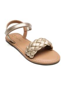 Girls Sandals Classic Open Toe Braided Flat Sandals Summer Dress Shoes - Gold - View 5