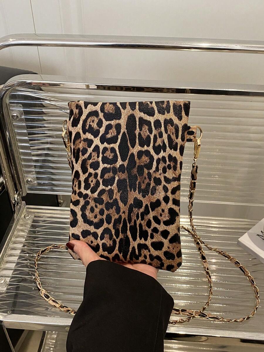 Túi đựng điện thoại thời trang cho nữ Túi đeo chéo xích trang trí vừa vặn đựng điện thoại & tiền xu Thích hợp để mua sắm Ví ví Túi đựng điện thoại Họa tiết da báo