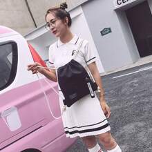 Belted Pocket Drawstring Backpack For Girls, Simple Canvas School Bag, Sports Small Canvas Bag, Korean Drawstring Double-Shoulder Bag - Multicolor - View 5