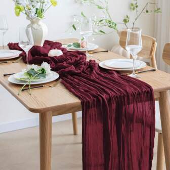 1pc Burgundy Chiffon Table Cloth, Bohemian Sheer Tablecloth, Transparent Tulle Table Runner, Suitable For Wedding Bride Birthday Party Dining Table Decor