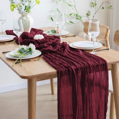 1pc Burgundy Chiffon Table Cloth, Bohemian Sheer Tablecloth, Transparent Tulle Table Runner, Suitable For Wedding Bride Birthday Party Dining Table Decor