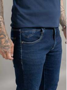 Calça Jeans Slim Fit Confortável Lavagem Escura Masculina - Azul - Visão 3