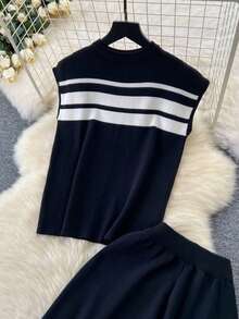 秋季女装休闲优雅时尚套装，韩版时尚撞色条纹针织上衣和阔腿裤两件套，别致简约，时尚通勤毛衣两件套 - 黑色 - 查看 7