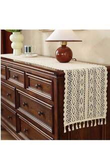 1pc American Country Style Handmade Lace Tassel Table Runner, Decorative For Kitchen, Wedding, Party, Living Room, Dresser