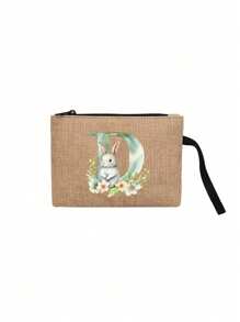 1pc Khaki Linen Makeup Bag With Letters And Rabbits Printed On It, Rabbit Print Fashionable Wreath Letter Pattern,Coin Wallet, Makeup Bag, Ladies' Birthday Gift, Teacher's Thank You Gift - Khaki - View 34