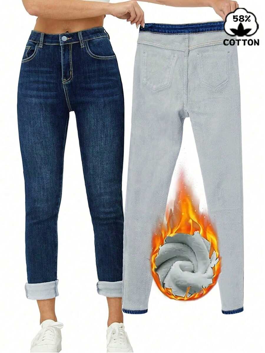 Winter Warm Thermal Lined Washed Denim Skinny Jeggings - Blue - View 1