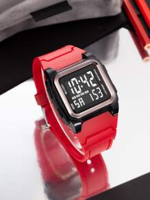 1pc Multifunctional Luminous Red Strap Square Dial Electronic Digital Display Men's Electronic Watch