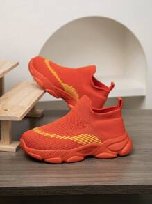 1 双儿童针织运动鞋袜，方便穿脱，轻便，透气，防滑，跑步鞋，时尚百搭学生运动鞋 - 橘色 - 查看 2