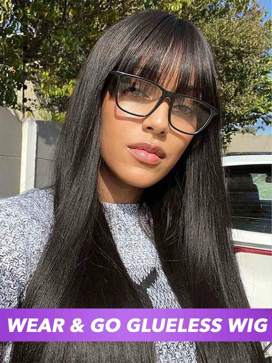 8-30 Inch Full Machine Made Glueless Straight Human Hair Wig With Bangs - Natural Color For Women 150% Density For Daily Party Use - Natural Black - View 1